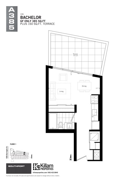 Floor plan for studio, 1 bath, 385 sqft